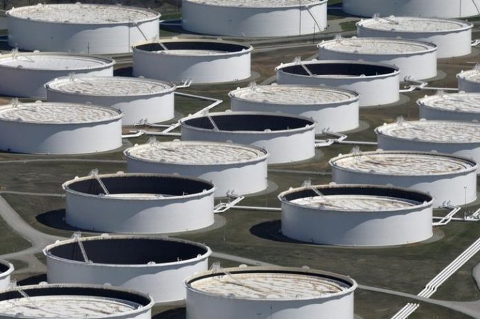 FILE PHOTO: Crude oil storage tanks are seen from above at the Cushing oil hub, Cushing, Oklahoma